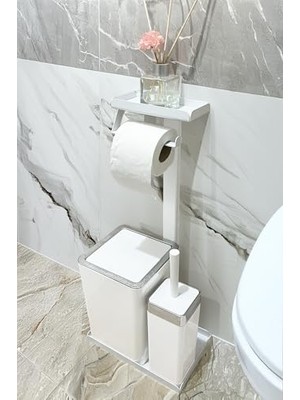 aklow akyoleticaret 3'ü 1 Arada Banyo Seti Tuvalet Kağıtlık, Çöp Kovası ve Tuvalet Fırça Takımı (Krom Beyaz)