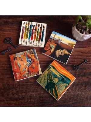 Şanal Pinecone Stone Salvador Dalí Belleğin Azmi, Picasso Avignonlu Kızlar, Çığlık, Yerli Kadınlar Taş Bardak Altlığı Seti - 4 Parça - Dekoratif, Rustik Mutfak Aksesuarı, 10X10 Cm, Kaydırmaz Tabanlı SC322