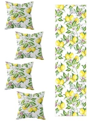 aklow akyoleticaret Sarı-Beyaz Limon Desenli 4'lü Kırlent Kılıfı ve Runner Seti 40 x 140