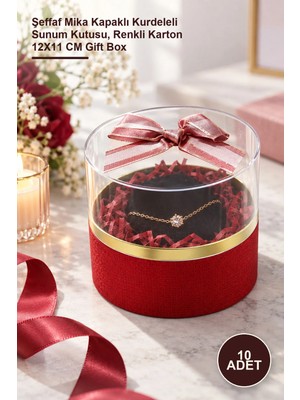Yenilig 10 Adet Yuvarlak Hediye Kutusu – Şeffaf Mika Kapaklı Kurdeleli Sunum Kutusu, Renkli Karton 12X11 cm Gift Box