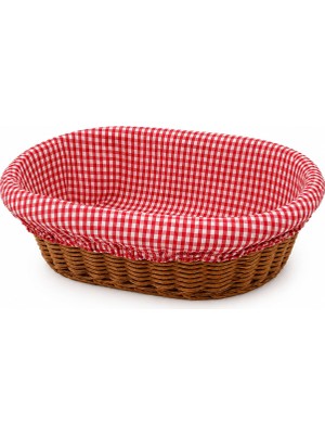 Şanal Oval Ekmek Sepeti 21 × 29 Cm, Çıkarılabilir Kırmızı Pötikare Kumaşlı Hasır Görünümlü Kahvaltı ve Sunum Sepeti