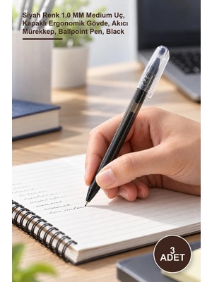 Yenilig 3 Adet Tükenmez Kalem – Siyah Renk 1.0 mm Medium Uç, Kapaklı Ergonomik Gövde, Akıcı Mürekkep, Ballpoint Pen, Black