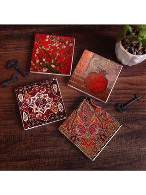 Şanal Pinecone Stone Nar, Desen, Van Gogh Badem Ağacı Taş Bardak Altlığı Seti - 4 Parça - Dekoratif, Rustik Mutfak Aksesuarı, 10X10 Cm, Kaydırmaz Tabanlı, Şık ve Dayanıklı SC113