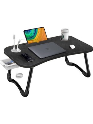 aklow akyoleticaret Katlanabilir Laptop Masası, USB Hub'lı LED Işıklı USB Fanlı Dizüstü Bilgisayar Sehpası, Tablet Standlı, Bardak Tutuculu, Çekmeceli Ev Yatak Çalışma Masası 60X40 cm Siyah