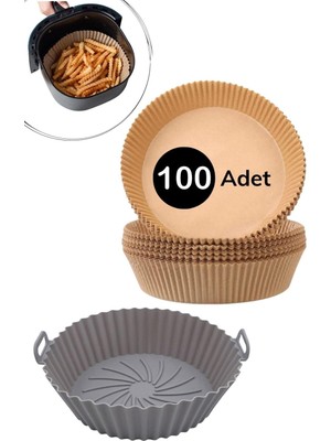 Şanal Buffer Silikon Airfryer Gri Pişirme Matı 20 cm ve 100 Adet Pişirme Kağıdı