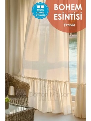 aklow akyoleticaret Naturel Bohem French Fırfırlı Perde, 120 x 140,4687, Krem