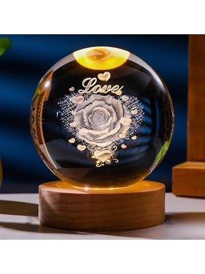 aklow akyoleticaret Ahşap Standlı Cam Küre Işıklı Göz Yormayan Ay Motifli Masaüstü Aydınlatma Gece Lambası Dekoratif Çocuk Odası Salon Yatak Odası Lamba 6 cm x 6 cm (Love Rose)