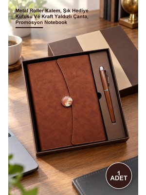 Yenilig 1 Adet Kutulu Termo Deri Defter Kalem Seti – Metal Roller Kalem, Şık Hediye Kutusu ve Kraft Yaldızlı Çanta, Promosyon Notebook