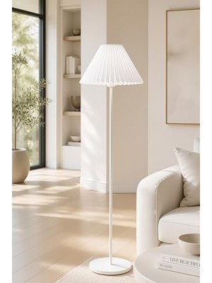 aklow akyoleticaret Beyaz Metal Lambader Tek Ayaklı Kırma Beyaz Kumaş Pileli Başlık Modern Retro 150 cm LAM03