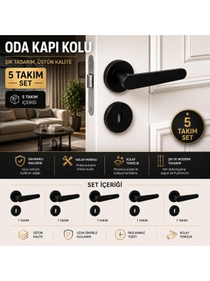 Şanal (5 Takım Set) Kayı Mat Siyah Rozetli Oda Kapı Kolu Sağa Sola Uyumlu Modern Kapı Takımı Kolları