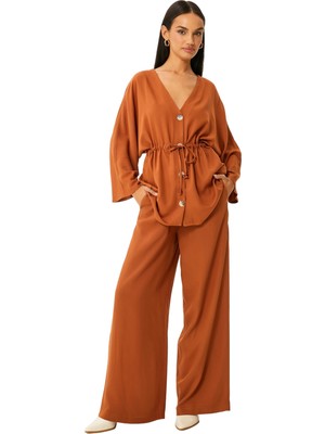 Şanal Kimono Geniş Kollu Düğmeli Beli Bağcıklı V Yaka