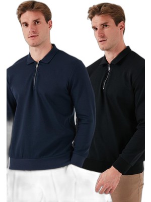 Şanal Buratti Pamuklu Regular Fit Yarım Fermuarlı 2'li Paket Polo Yaka Sweat Erkek Sweat 5905789S2