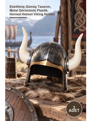 Yenilig 3 Adet Mega Boynuzlu Viking Ivar Kaskı – Eskitilmiş Gümüş Tasarım, Metal Görünümlü Plastik, Horned Helmet Viking Helmet