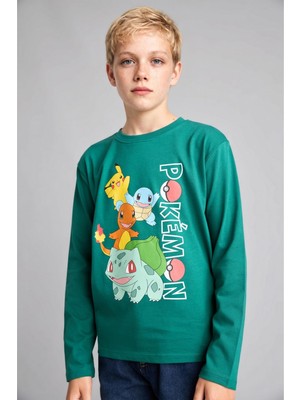 Şanal Defacto Pokémon Lisanslı Oversize Bisiklet Yaka Uzun Kollu Yeşil Tişört Erkek Çocuk H7643A826 Au