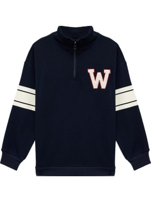 Şanal Şardonlu Uzun Kollu Yarım Fermuarlı Dik Yaka Sweatshirt