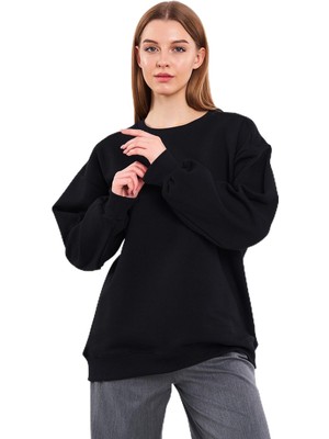 Şanal By Comeor Kadın Pamuklu Oversize Basic Bisiklet Yaka Sweatshirt (Siyah, Xl)
