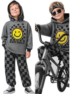 Şanal Erkek Çocuk Eşofman Takım Damalı Kalın Kapüşonlü Sweatshirt Eşofman Altı