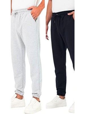 Şanal By Comeor Kalın Siyah-Antrasit Erkek 2'li Eşofman Altı Jogger Arka Cepli Lastik Paça Regular Fit Şardonsuz Gri-Lacivert Xl