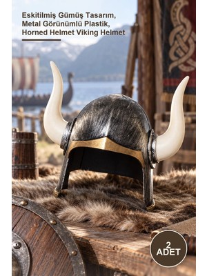 Yenilig 2 Adet Mega Boynuzlu Viking Ivar Kaskı – Eskitilmiş Gümüş Tasarım, Metal Görünümlü Plastik, Horned Helmet Viking Helmet