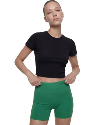 Şanal Slim Fit Kısa Kollu Bisiklet Yaka Crop Spor Tişört