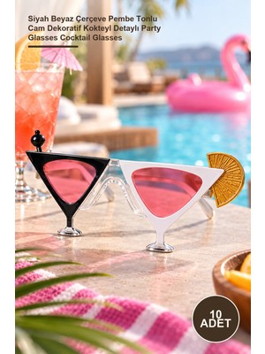 Yenilig 10 Adet Kokteyl Bardak Parti Gözlüğü – Siyah Beyaz Çerçeve Pembe Tonlu Cam Dekoratif Kokteyl Detaylı Party Glasses Cocktail Glasses