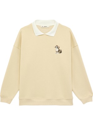 Şanal Rahat Kalıp Kedi Nakışlı Uzun Kollu Polo Yaka Sweatshirt