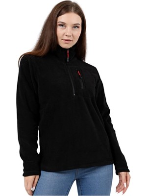 Şanal Kadın Polar Yarım Fermuarlı Outdoor Cepli Spor Polar (Siyah, S)