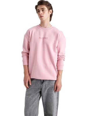 Şanal Defacto Boxy Fit Bisiklet Yaka Baskılı Sweatshirt Pembe S