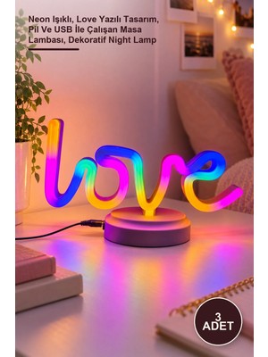 Yenilig 3 Adet Love Neon Masa Gece Lambası – Neon Işıklı, Love Yazılı Tasarım, Pil ve USB Ile Çalışan Masa Lambası, Dekoratif Night Lamp