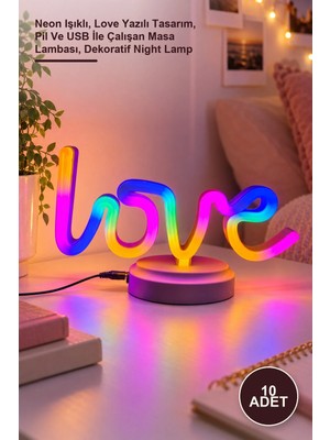 Yenilig 10 Adet Love Neon Masa Gece Lambası – Neon Işıklı, Love Yazılı Tasarım, Pil ve USB Ile Çalışan Masa Lambası, Dekoratif Night Lamp