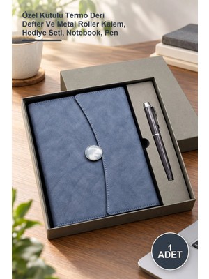 Yenilig 1 Adet Promosyon Defter Kalem Seti – Özel Kutulu Termo Deri Defter ve Metal Roller Kalem, Hediye Seti, Notebook, Pen
