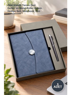 Yenilig 5 Adet Promosyon Defter Kalem Seti – Özel Kutulu Termo Deri Defter ve Metal Roller Kalem, Hediye Seti, Notebook, Pen