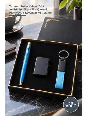 Yenilig 10 Adet Kutulu Çakmak, Anahtarlık ve Roller Kalem Seti – Turkuaz Roller Kalem, Deri Anahtarlık, Siyah Mat Çakmak, Promosyon Keychain Pen Lighter