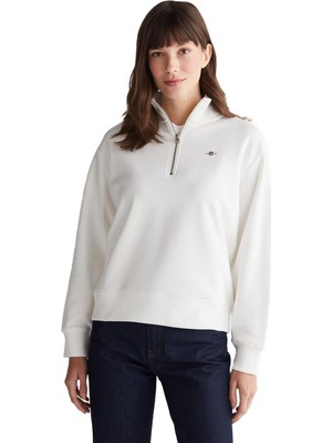 Şanal Gant Kadın Beyaz Relaxed Fit Yarım Fermuarlı Logolu Sweatshirt