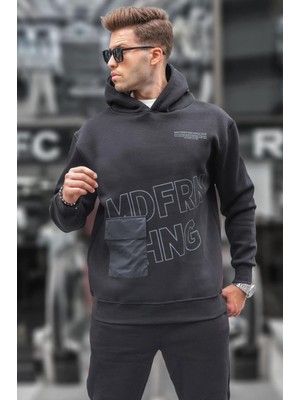Şanal Madmext Siyah Baskılı Kapüşonlu Sweatshirt 6148,SIYAH M
