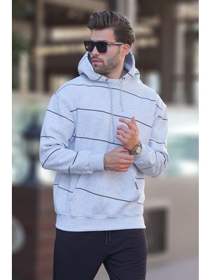 Şanal Madmext Karmelanj Kapüşonlu Cep Detaylı Çizgili Erkek Sweatshirt 7063,KARMELANJ M