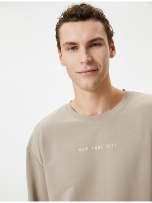 Şanal Koton Erkek 4WAM70247MK Bisiklet Yaka Uzun Kollu Baskılı Sweatshirt, Bej (059), S