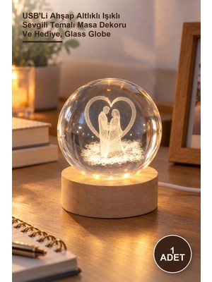 Yenilig 1 Adet Cam Küre – Usb'li Ahşap Altlıklı Işıklı Sevgili Temalı Masa Dekoru ve Hediye, Glass Globe