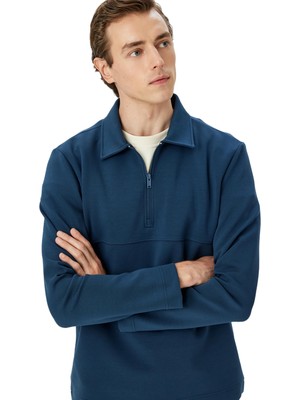 Şanal Koton Dikiş Detaylı Pamuk Karışımlı Basic Yarım Fermuarlı Sweatshirt