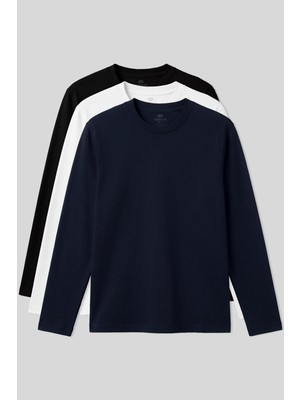 Şanal Standart Fit Basic O Yaka 3'lü Paket Siyah-Beyaz-Lacivert Erkek T-Shirt 87997