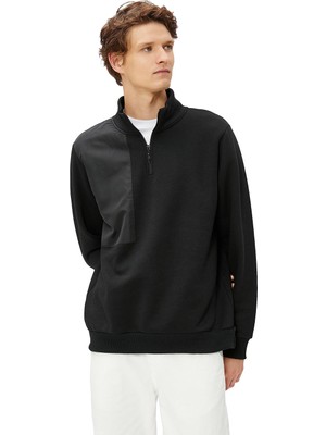 Şanal Koton Erkek 4WAM70149MK Dik Yaka Uzun Kollu Fermuar Detaylı Sweatshirt, Siyah (999), S