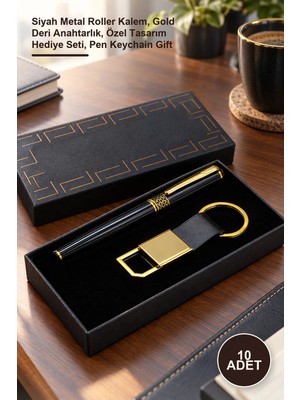 Yenilig 10 Adet Kutulu Kalem ve Anahtarlık Seti – Siyah Metal Roller Kalem, Gold Deri Anahtarlık, Özel Tasarım Hediye Seti, Pen Keychain Gift