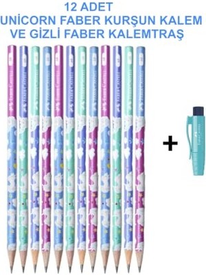 aklow akyoleticaret Unicorn Kurşun Kalem 12'li Set 2b + Gizli Kalemtraş, Unicorn Tasarımlı, 2b Uç Kalınlığı, Kalemtraş Dahil, Renkli Desen, Çocuklar Için