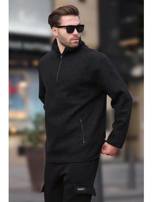 Şanal Madmext Erkek Siyah Dik Yaka, Yarım Fermuarlı Sweatshirt, M Beden