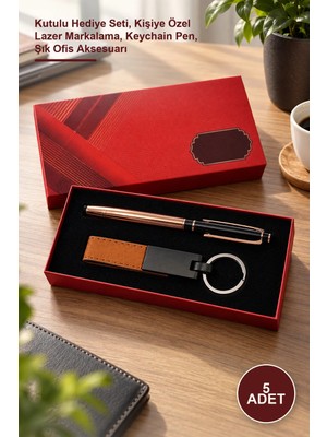 Yenilig 5 Adet Deri Metal Anahtarlık ve Roller Kalem – Kutulu Hediye Seti, Kişiye Özel Lazer Markalama, Keychain Pen, Şık Ofis Aksesuarı