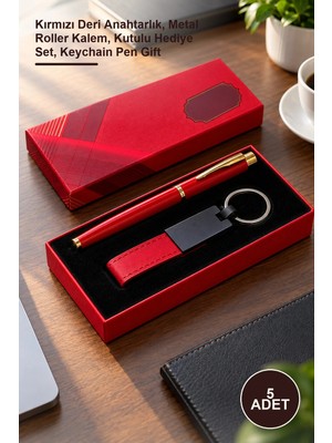 Yenilig 5 Adet Anahtarlık ve Kalem Seti – Kırmızı Deri Anahtarlık, Metal Roller Kalem, Kutulu Hediye Set, Keychain Pen Gift