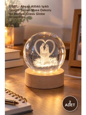 Yenilig 2 Adet Cam Küre – Usb'li Ahşap Altlıklı Işıklı Sevgili Temalı Masa Dekoru ve Hediye, Glass Globe