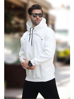 Şanal Madmext Ekru Kapüşonlu Cep Detaylı Nakışlı Erkek Sweatshirt 7054,EKRU M