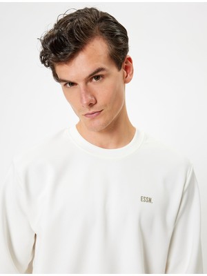Şanal Koton Bisiklet Yaka Sweatshirt Minimal Baskılı Basic Interlok Kumaş Pamuk Karışımlı