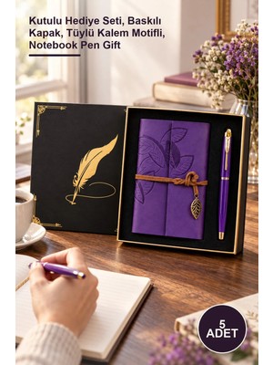 Yenilig 5 Adet Mor Yaprak Desenli Deri Defter ve Metal Roller Kalem – Kutulu Hediye Seti, Baskılı Kapak, Tüylü Kalem Motifli, Notebook Pen Gift